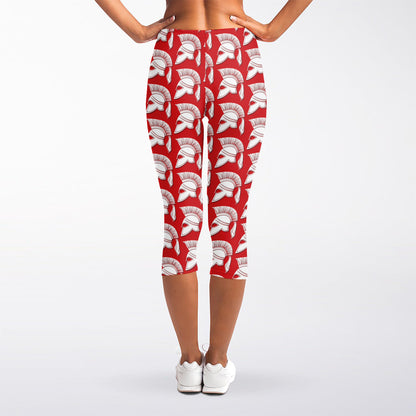 White And Red Spartan Pattern Print Women's Capri Leggings