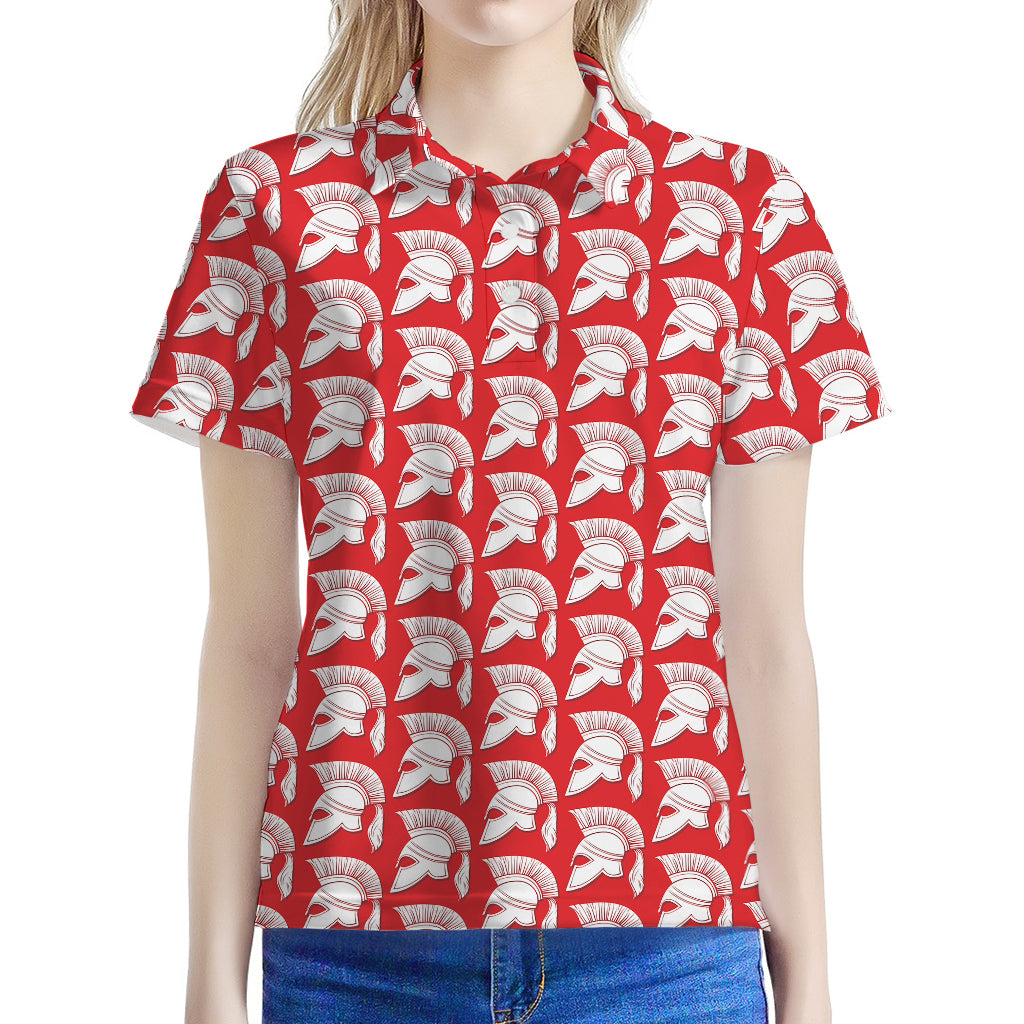 White And Red Spartan Pattern Print Women's Polo Shirt