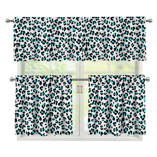 White And Teal Leopard Print 3 Piece Kitchen Curtains