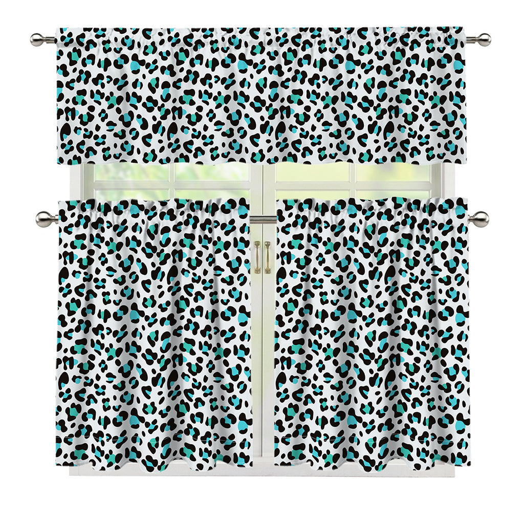 White And Teal Leopard Print 3 Piece Kitchen Curtains