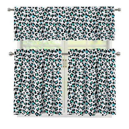 White And Teal Leopard Print 3 Piece Kitchen Curtains
