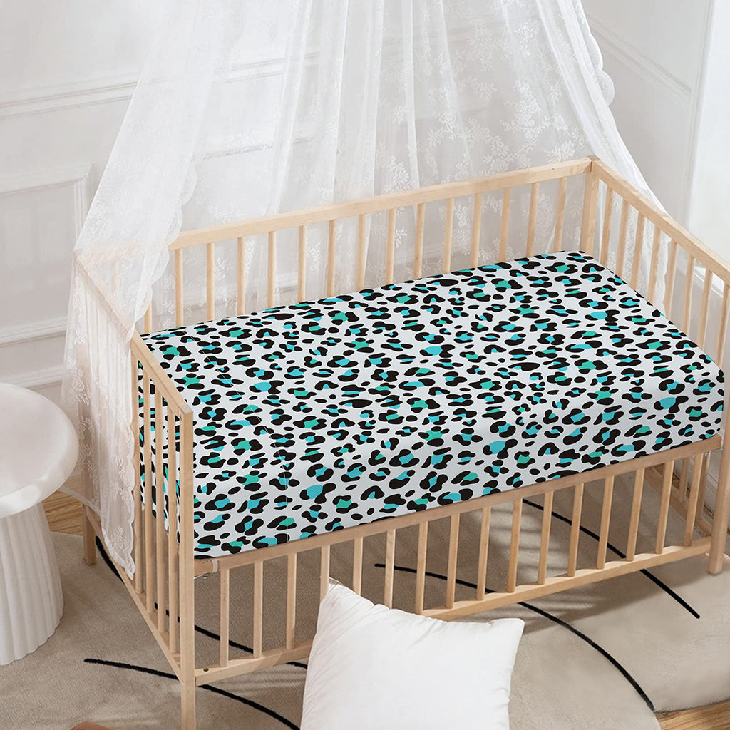 White And Teal Leopard Print Baby Crib Sheet