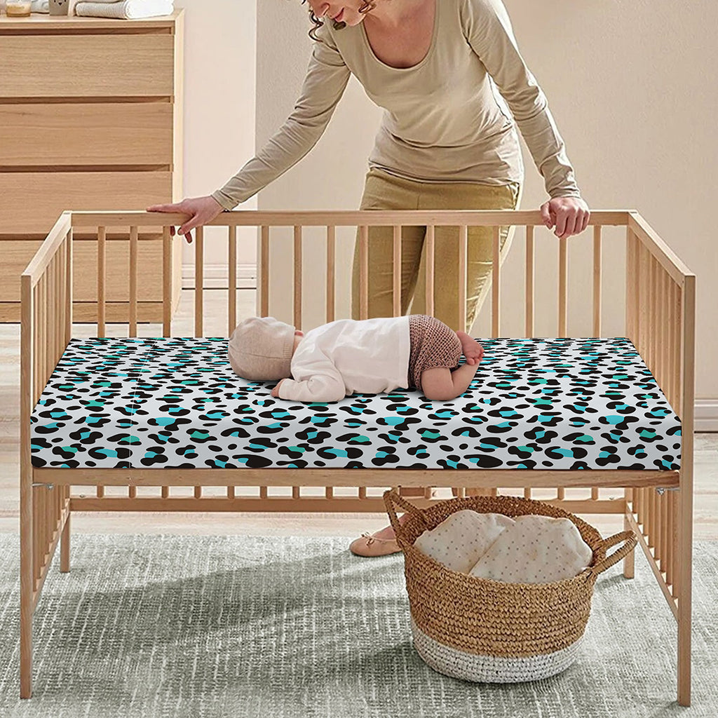 White And Teal Leopard Print Baby Crib Sheet