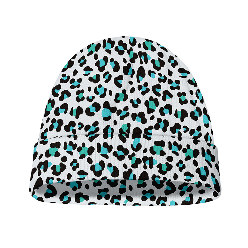 White And Teal Leopard Print Beanie