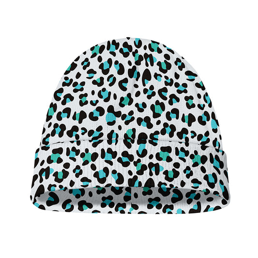 White And Teal Leopard Print Beanie