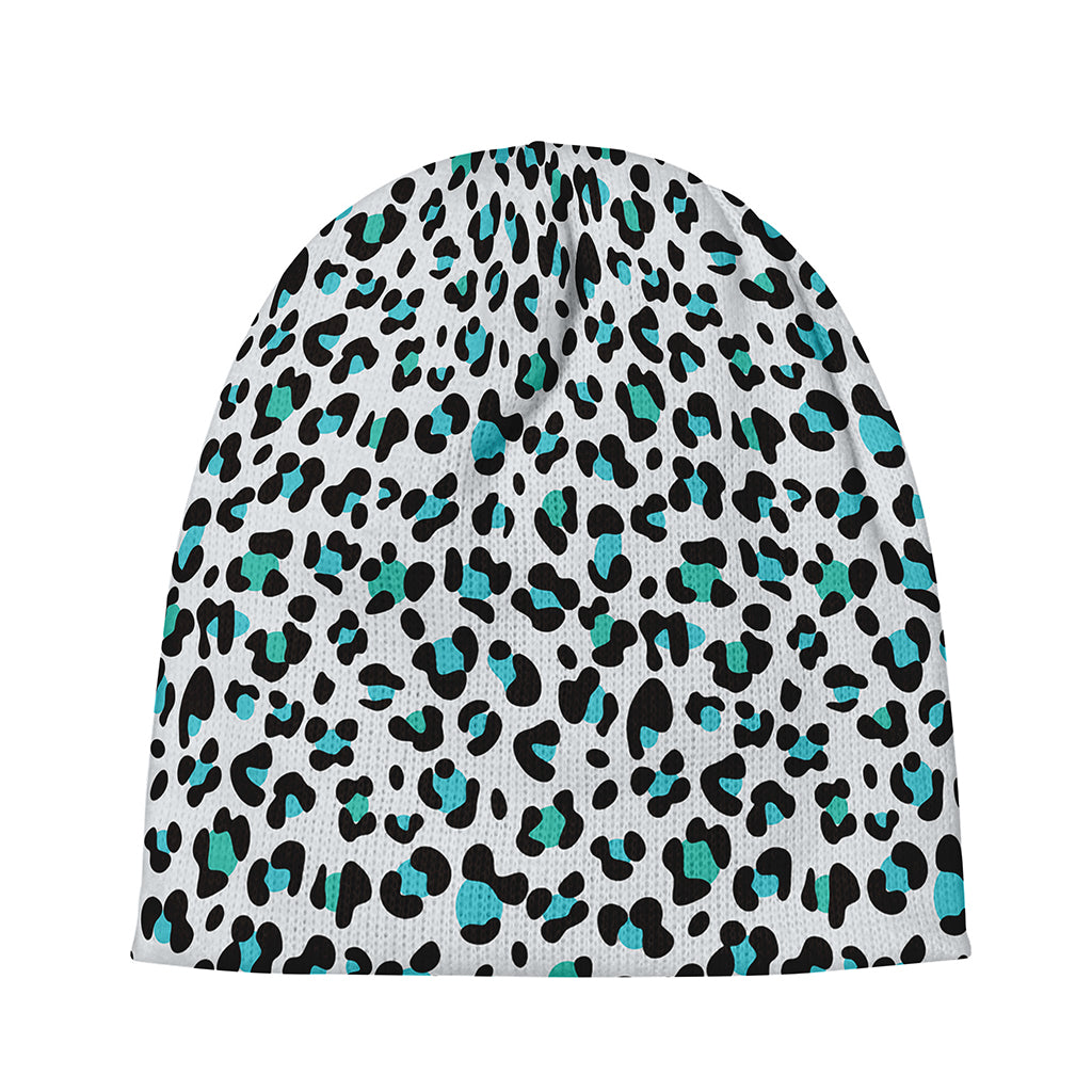 White And Teal Leopard Print Beanie