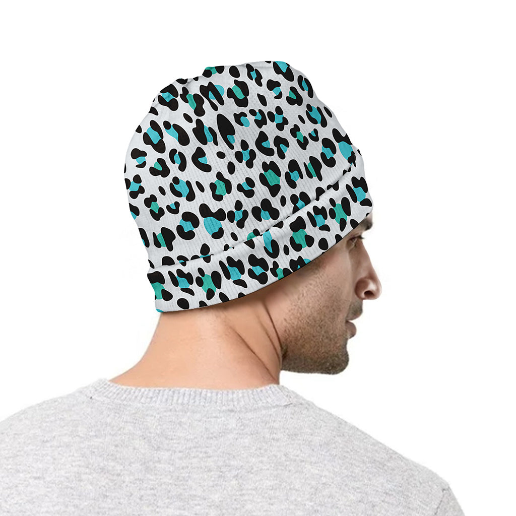 White And Teal Leopard Print Beanie