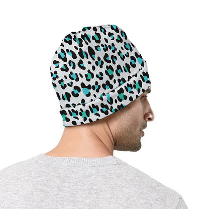 White And Teal Leopard Print Beanie