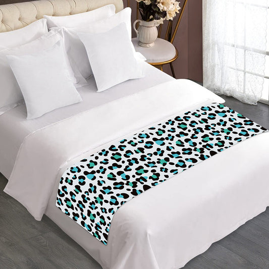 White And Teal Leopard Print Bed Runner