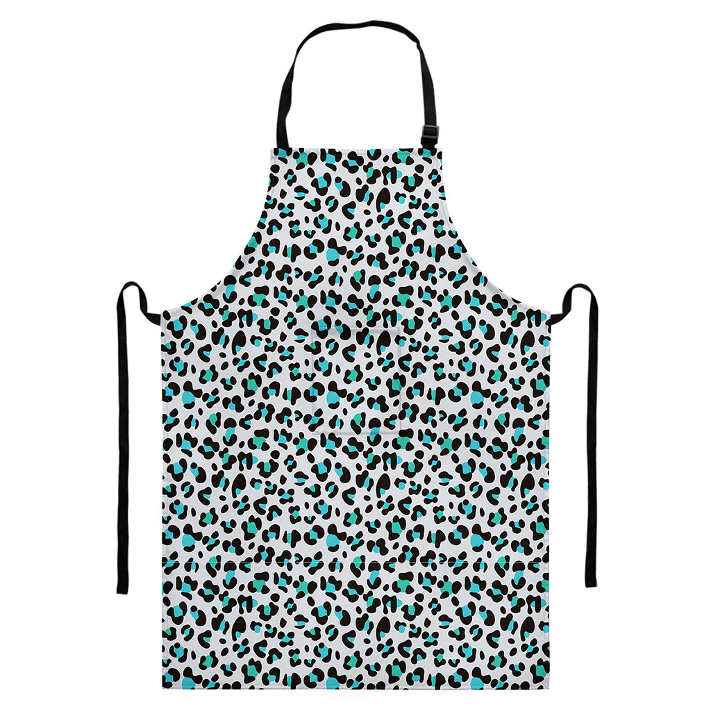 White And Teal Leopard Print Bib Apron With Pocket