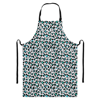 White And Teal Leopard Print Bib Apron With Pocket