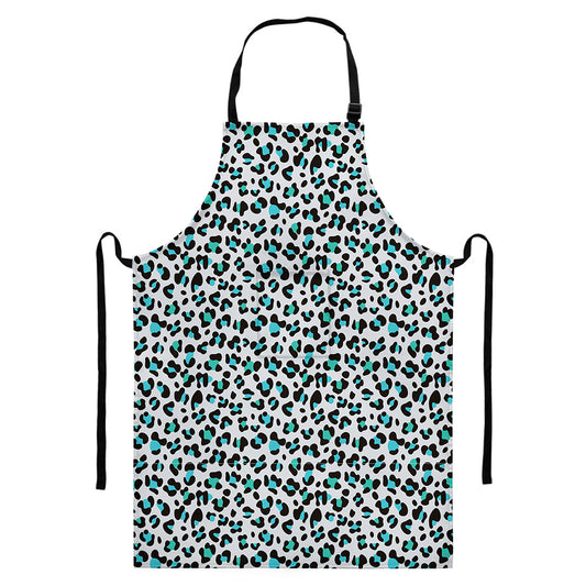 White And Teal Leopard Print Bib Apron With Pocket