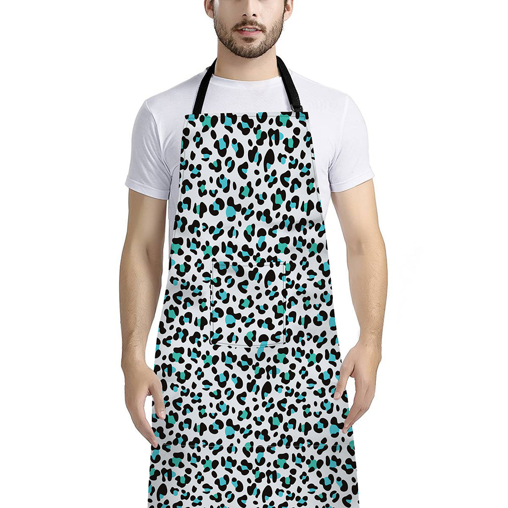 White And Teal Leopard Print Bib Apron With Pocket
