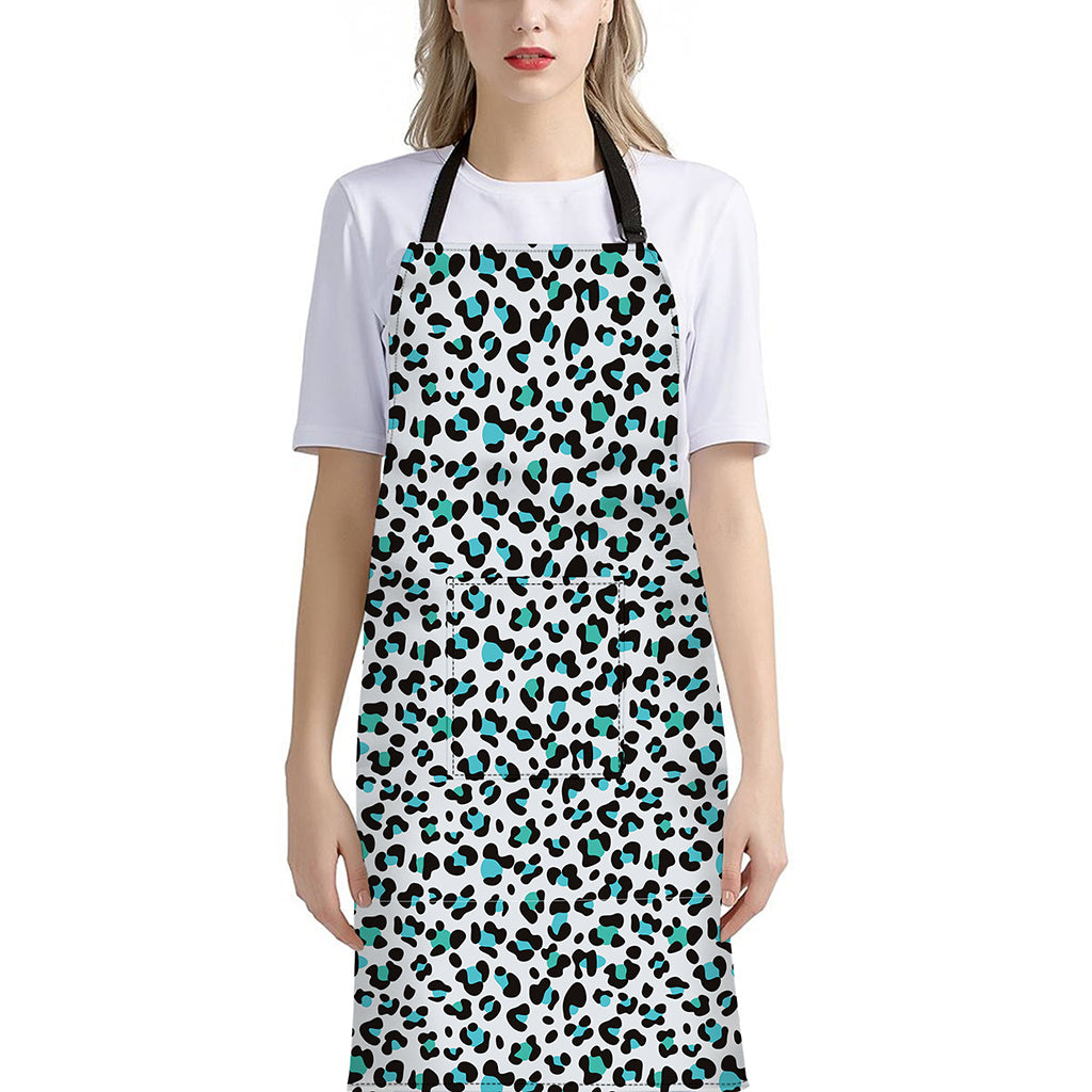 White And Teal Leopard Print Bib Apron With Pocket