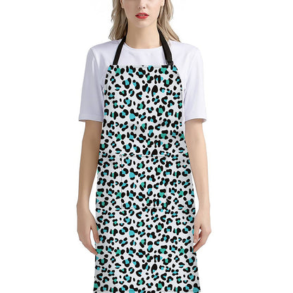 White And Teal Leopard Print Bib Apron With Pocket