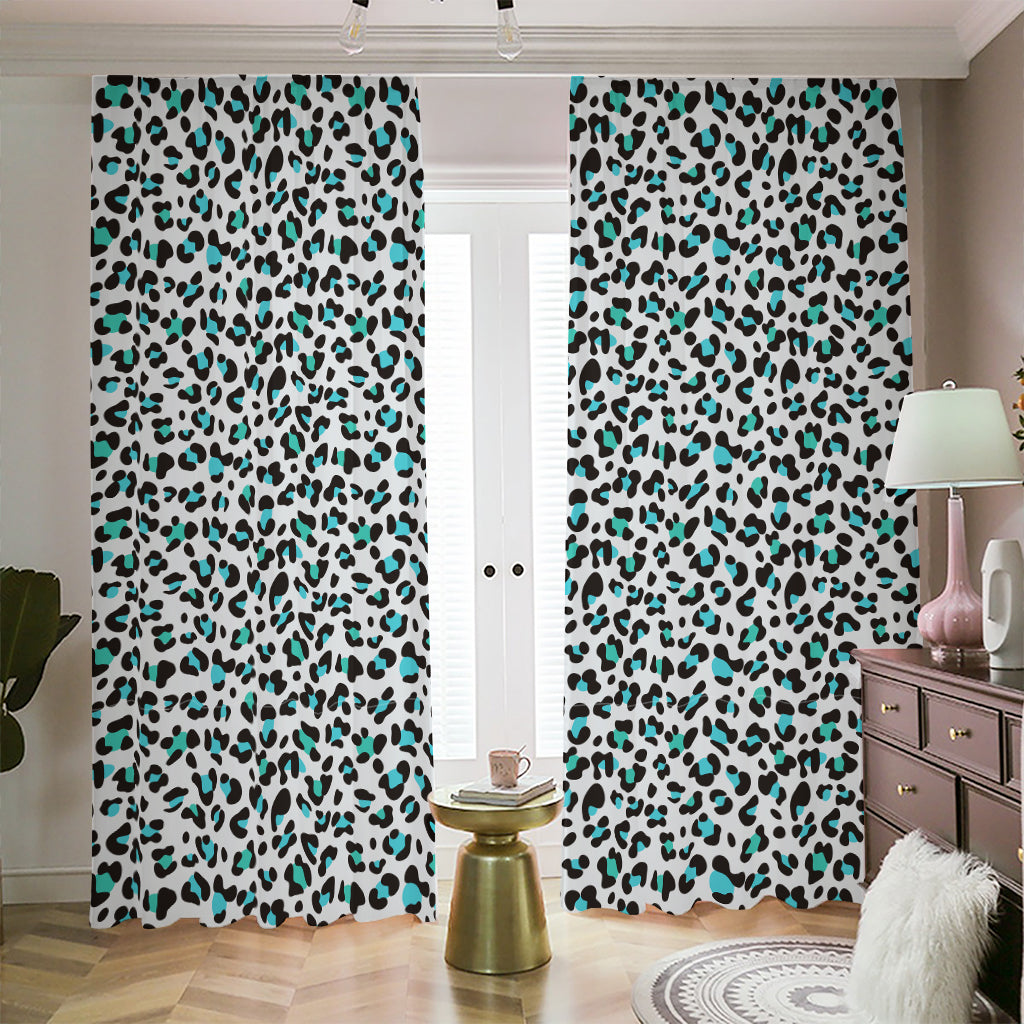 White And Teal Leopard Print Blackout Pencil Pleat Curtains