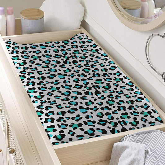 White And Teal Leopard Print Changing Pad Cover