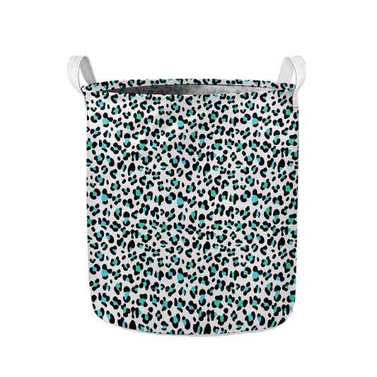 White And Teal Leopard Print Collapsible Laundry Basket