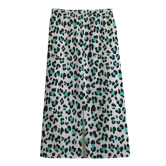 White And Teal Leopard Print Cotton Front Slit Maxi Skirt