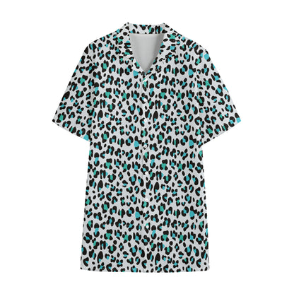 White And Teal Leopard Print Cotton Hawaiian Shirt