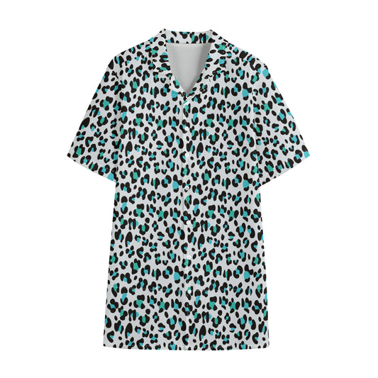 White And Teal Leopard Print Cotton Hawaiian Shirt