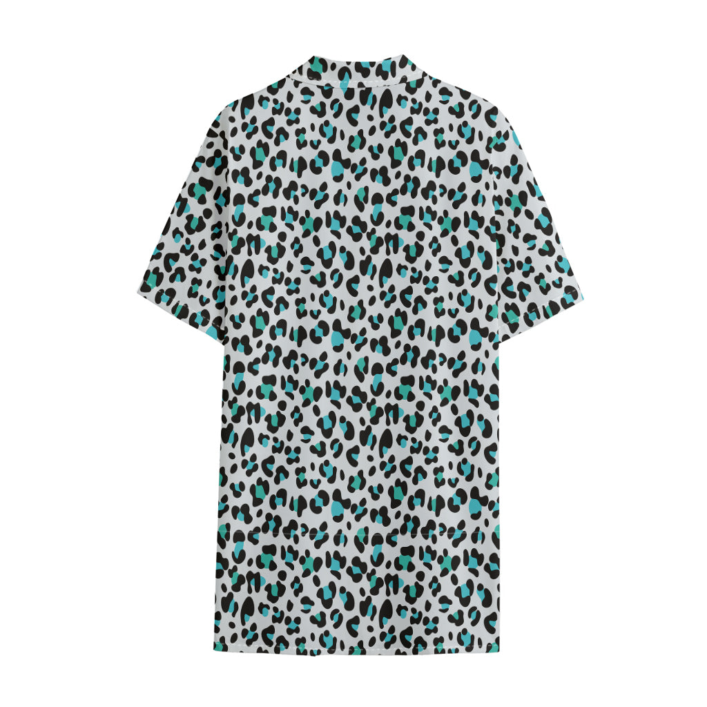 White And Teal Leopard Print Cotton Hawaiian Shirt
