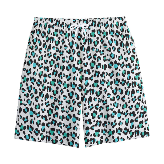 White And Teal Leopard Print Cotton Shorts