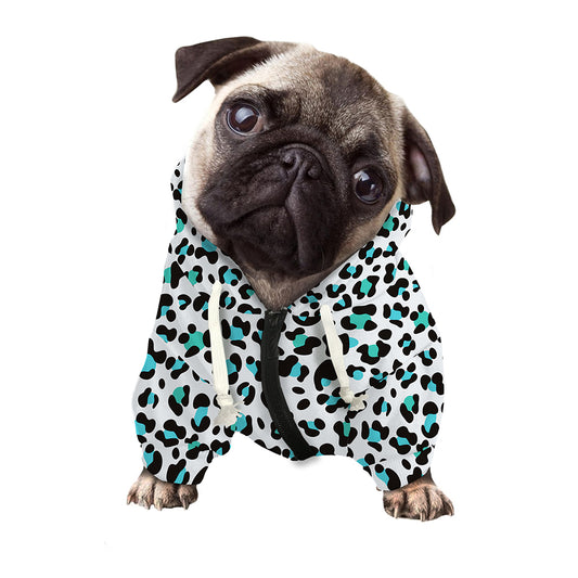 White And Teal Leopard Print Dog Zip Up Hoodie