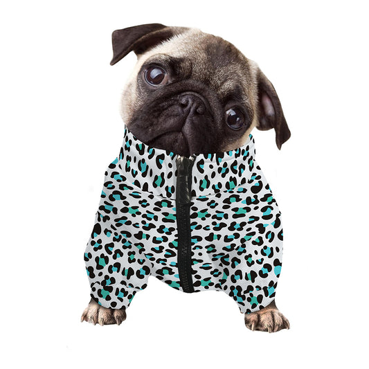 White And Teal Leopard Print Dog Zip Up Jacket
