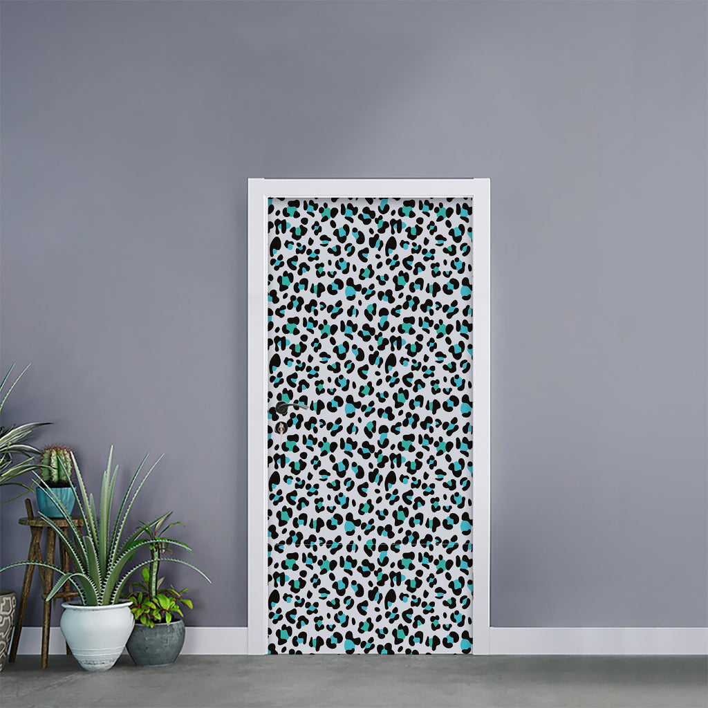 White And Teal Leopard Print Door Sticker