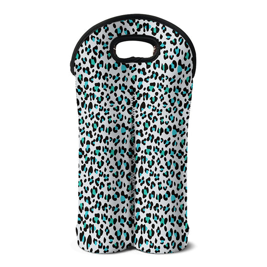 White And Teal Leopard Print Double Neoprene Wine Tote