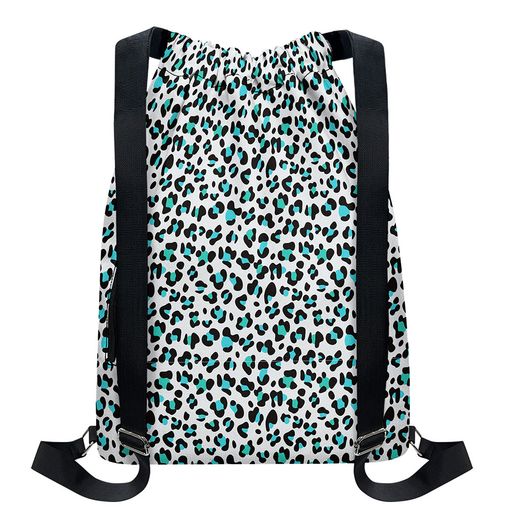 White And Teal Leopard Print Drawstring Backpack