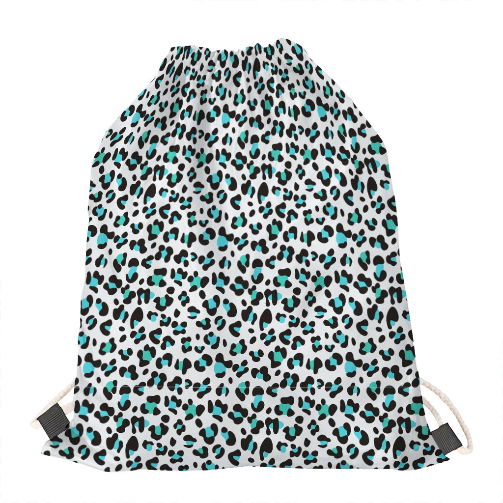 White And Teal Leopard Print Drawstring Bag