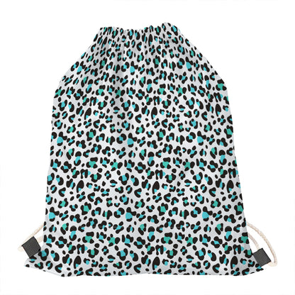 White And Teal Leopard Print Drawstring Bag