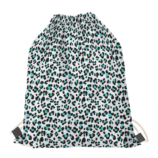 White And Teal Leopard Print Drawstring Bag