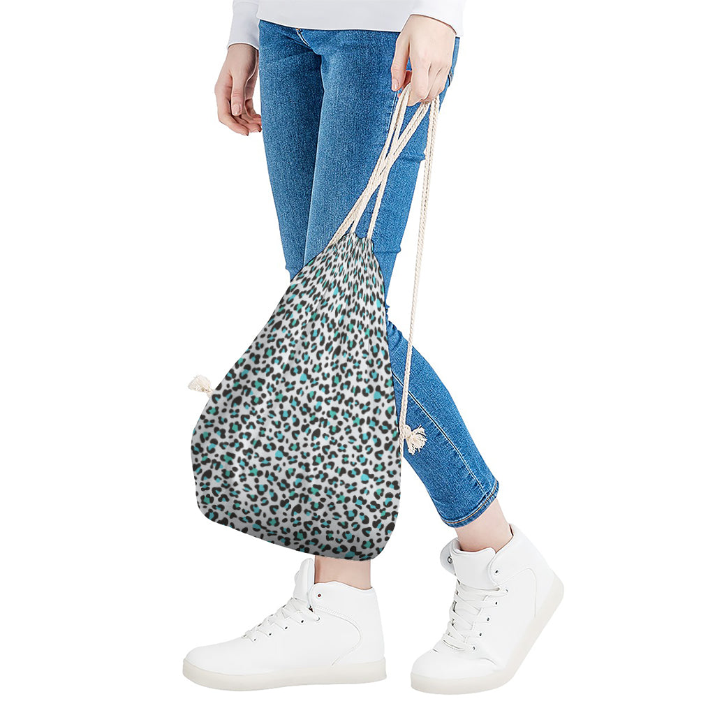White And Teal Leopard Print Drawstring Bag