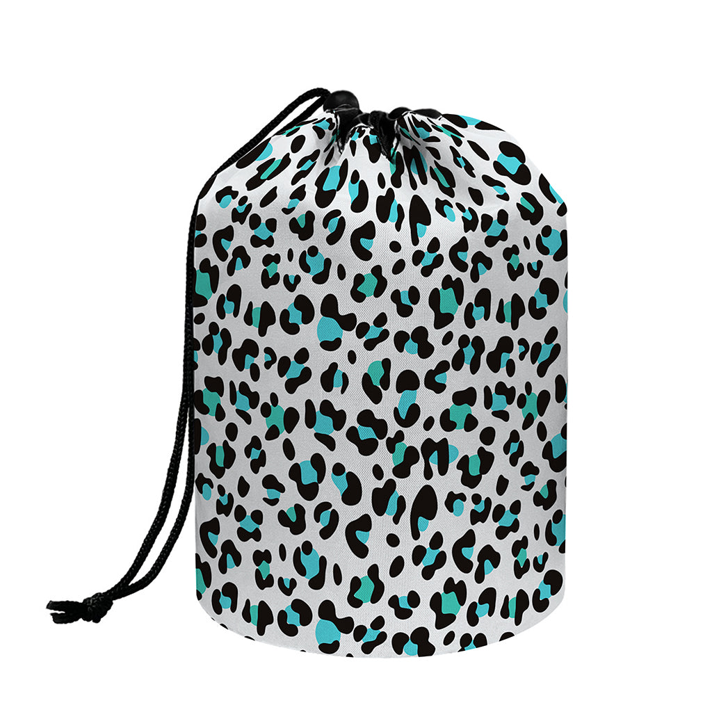 White And Teal Leopard Print Drawstring Makeup Bag