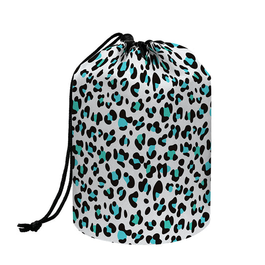 White And Teal Leopard Print Drawstring Makeup Bag