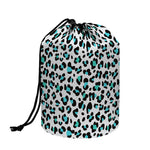 White And Teal Leopard Print Drawstring Makeup Bag