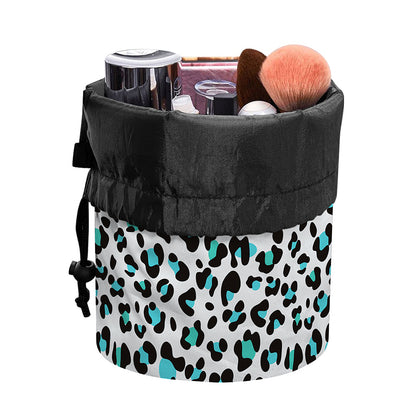 White And Teal Leopard Print Drawstring Makeup Bag