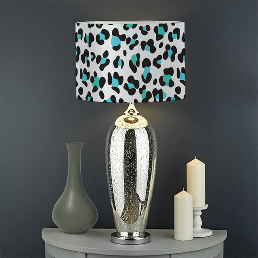 White And Teal Leopard Print Drum Lamp Shade