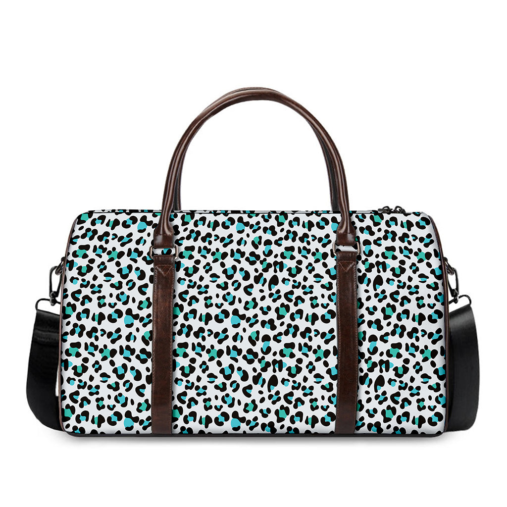 White And Teal Leopard Print Duffle Bag