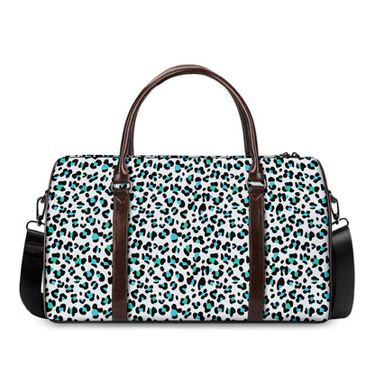White And Teal Leopard Print Duffle Bag