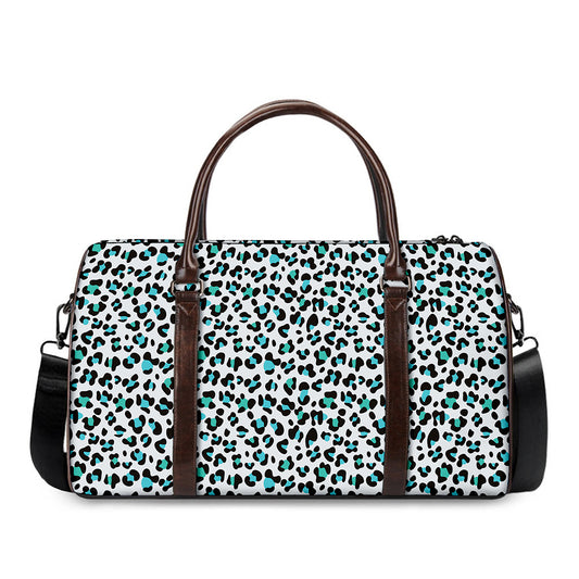 White And Teal Leopard Print Duffle Bag