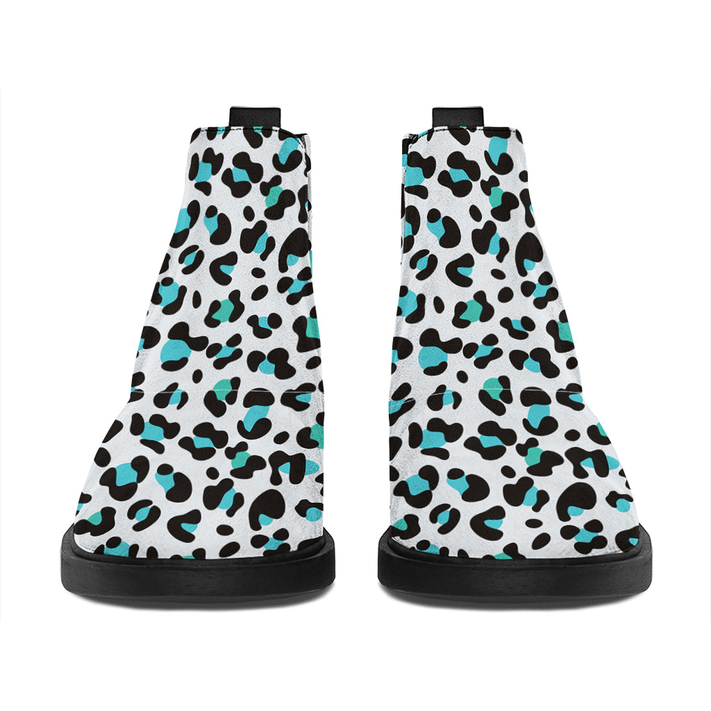 White And Teal Leopard Print Flat Ankle Boots