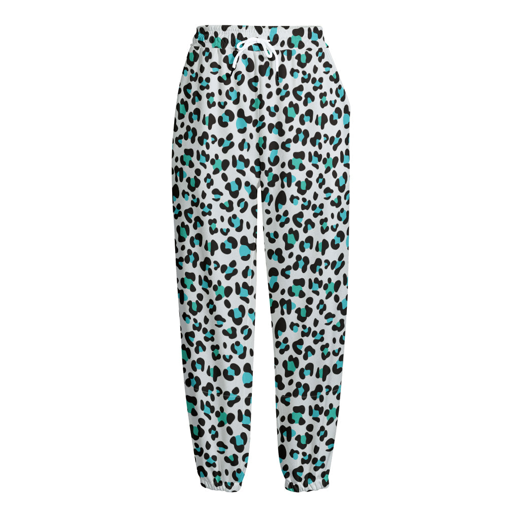 White And Teal Leopard Print Fleece Lined Knit Pants