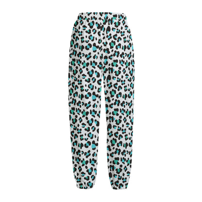 White And Teal Leopard Print Fleece Lined Knit Pants