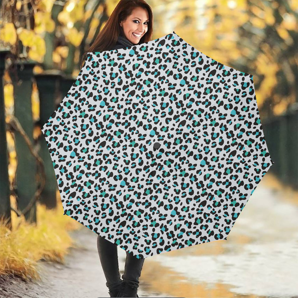 White And Teal Leopard Print Foldable Umbrella