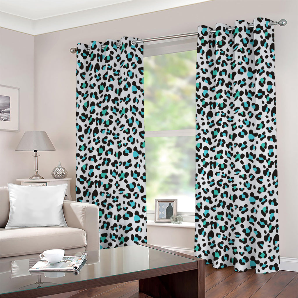White And Teal Leopard Print Grommet Curtains