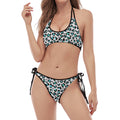White And Teal Leopard Print Halter Scoop Tie Side Bikini